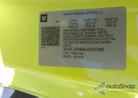 2020 Chevrolet Camaro Rwd Zl1 z USA, uszkodzony, nr VIN 1G1FJ3D64L0107265